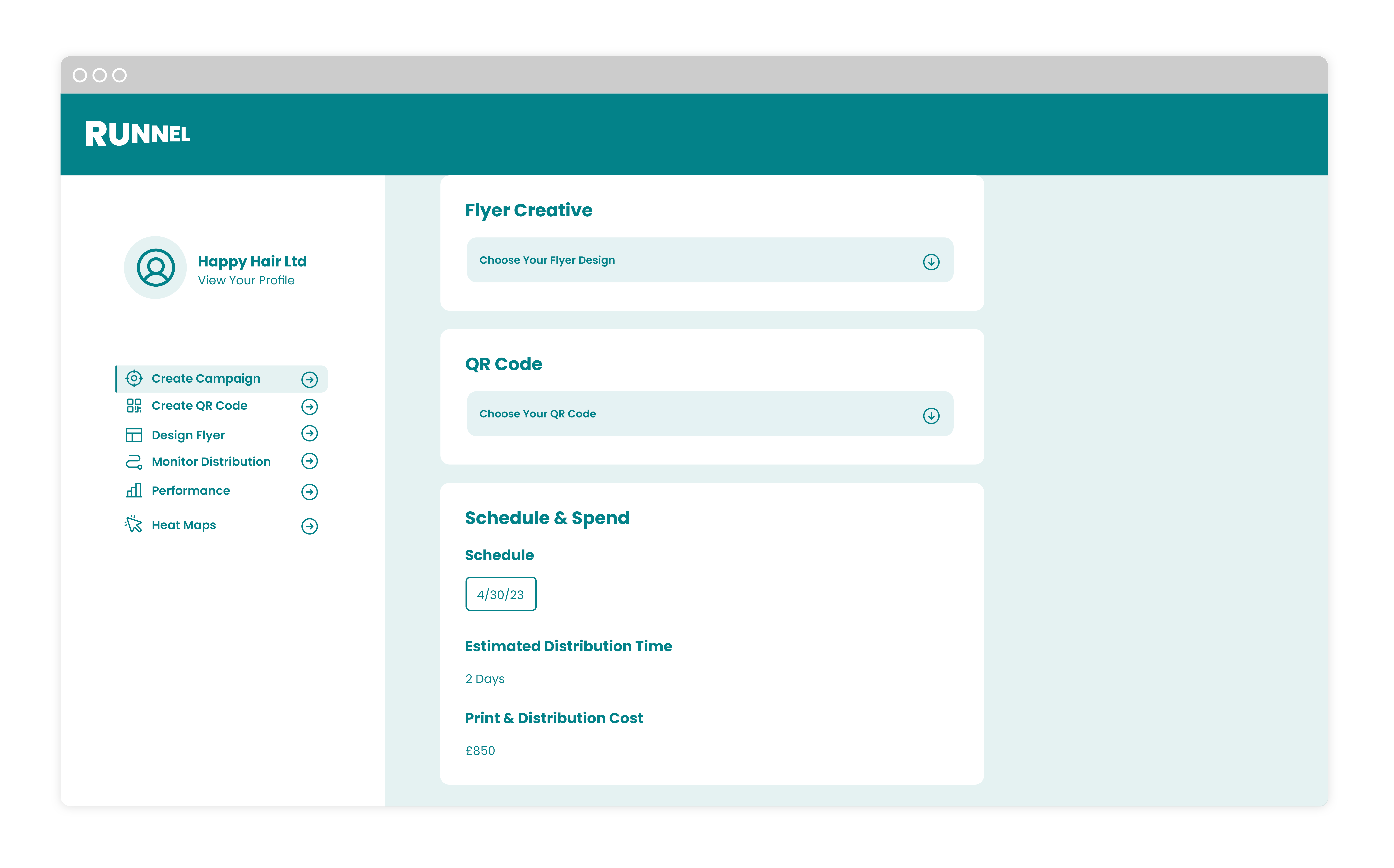 A screenshot of Runnel application budget and schedule setup 